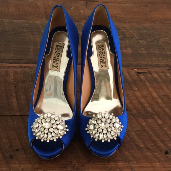 Badgley Mischka Shoes - Badgley Mischka Satin Jewled Peep Toe Heels